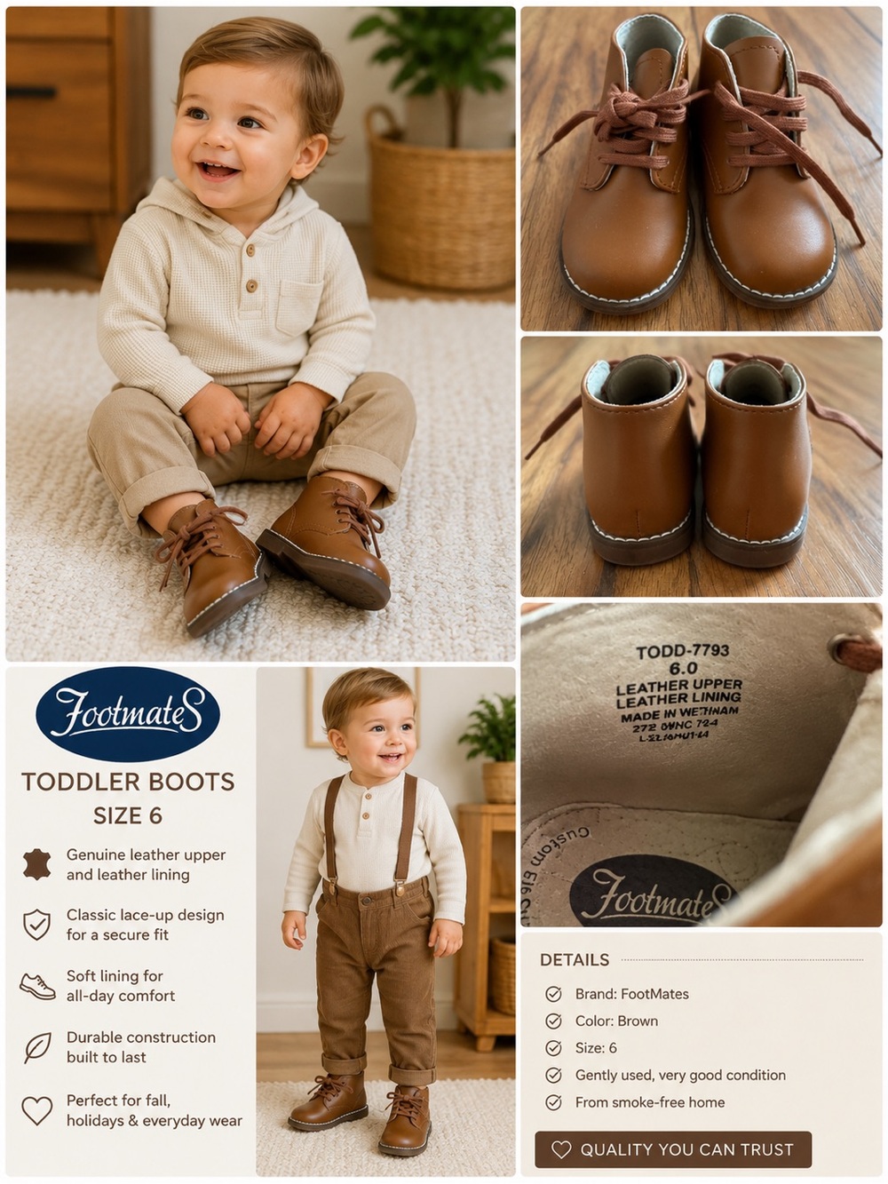 New FootMates Toddler Brown Leather Boots - Size 6